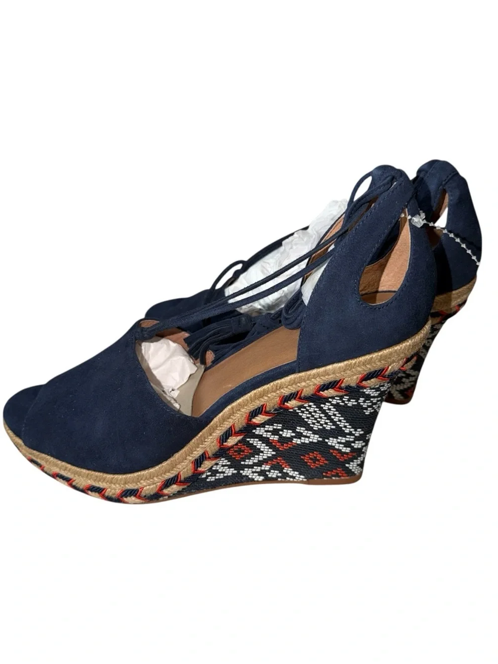 CAbi Navy Suede Espadrille Wedges with Tassel Ankle Tie